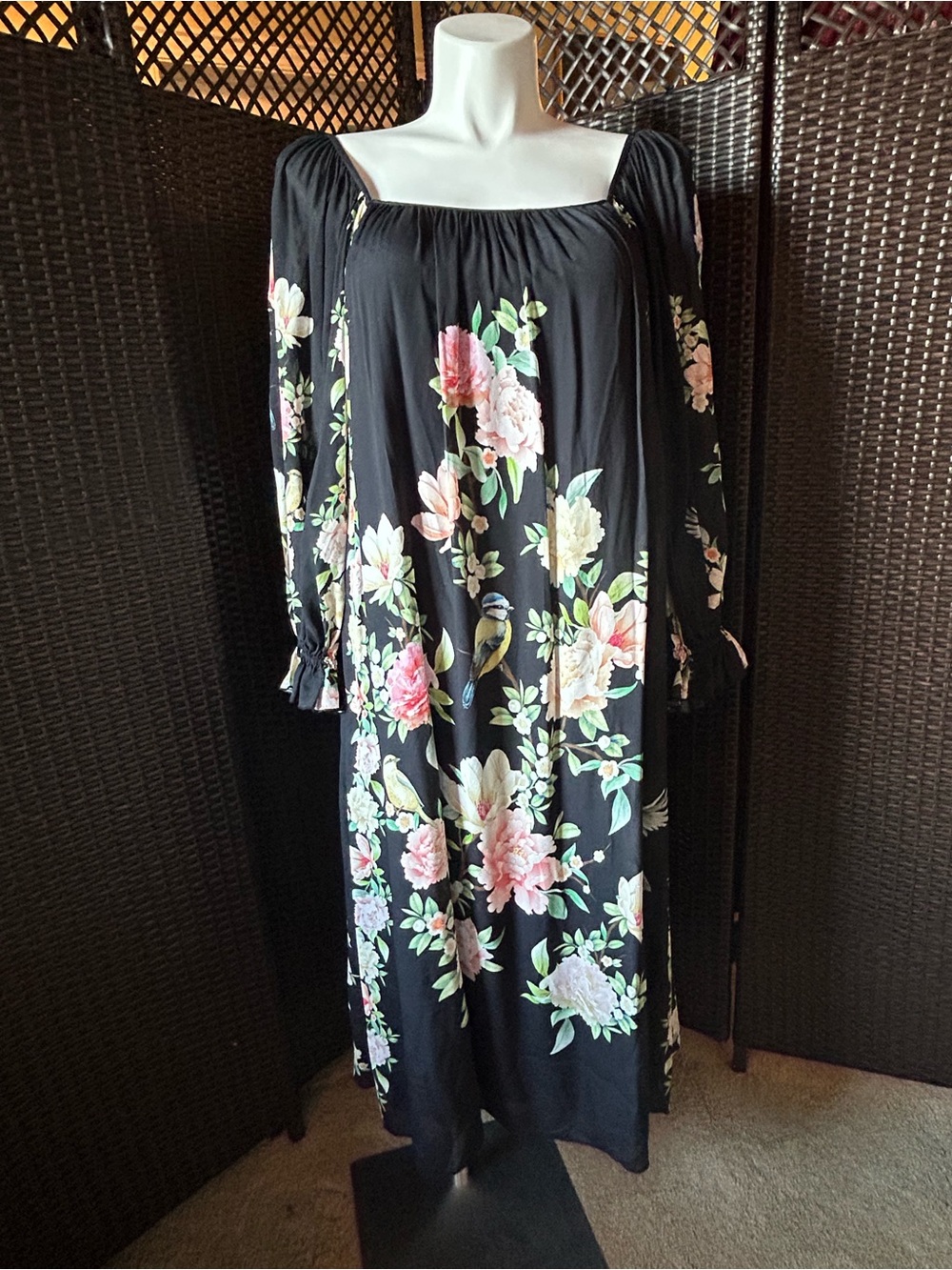 Johnny Was Black Floral Midi Dress with Pink & Cream Blooms NWOT